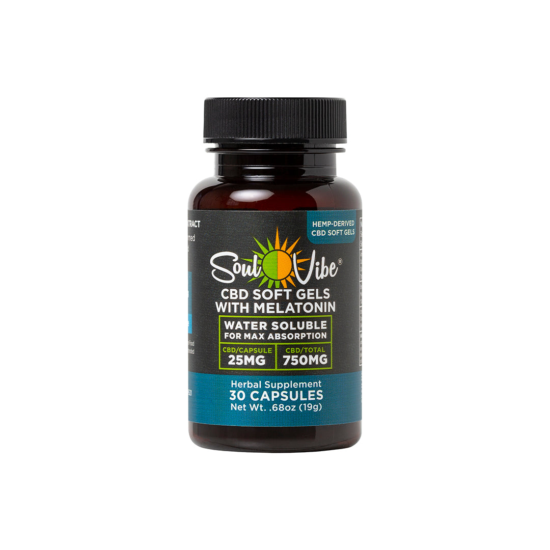 SOUL VIBE GEL CAPS FOR HUMANS :: PCR 750MG HEMP GELS + MELATONIN 0.0% THC :: BROAD SPECTRUM (25MG EACH)