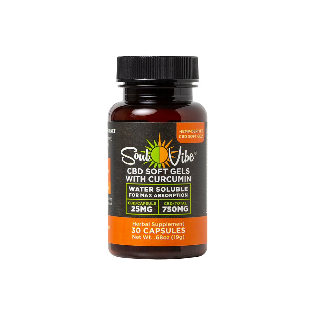 SOUL VIBE GEL CAPS FOR HUMANS :: PCR 750MG HEMP GELS + CURCUMIN 0.0% THC :: BROAD SPECTRUM (25MG EACH)