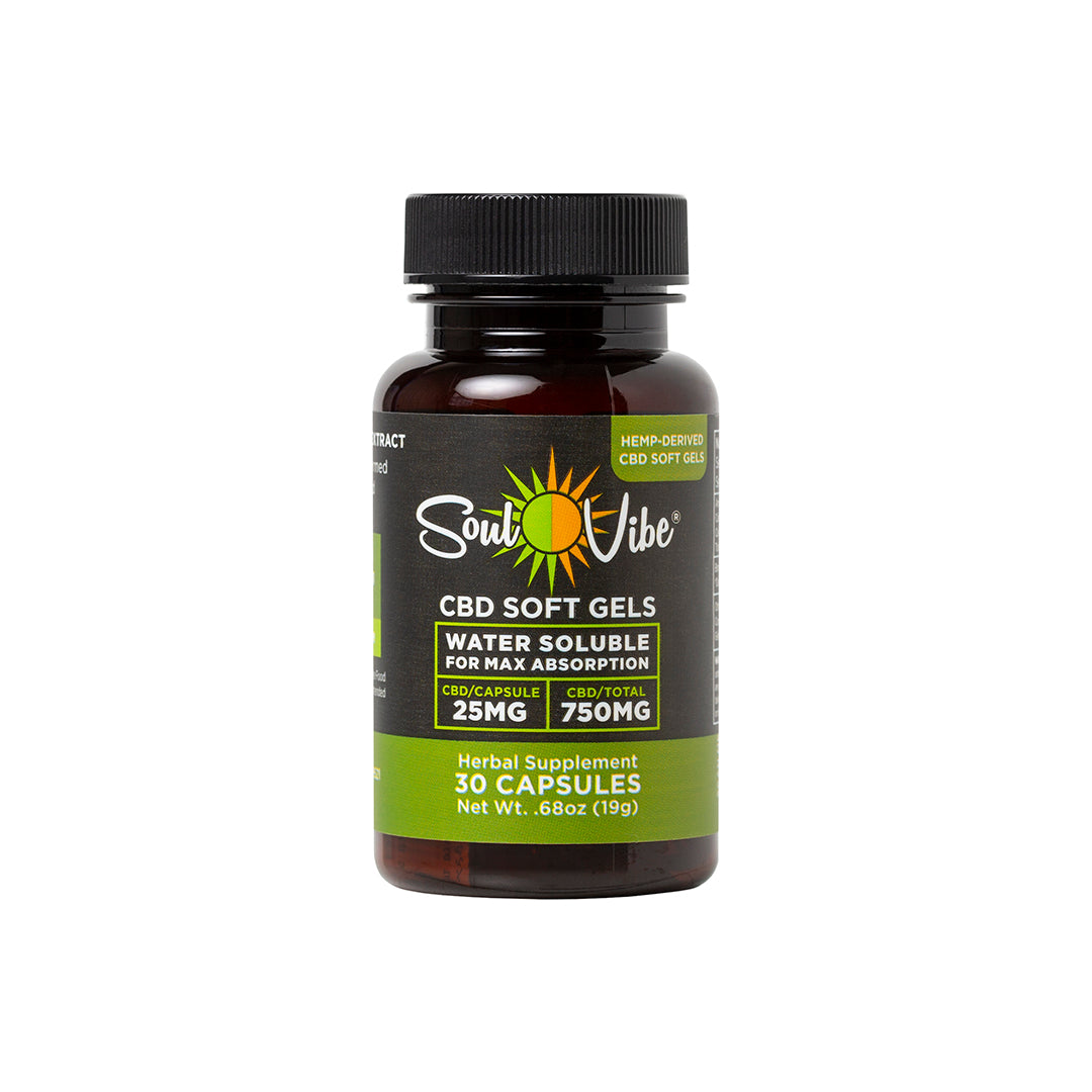 SOUL VIBE GEL CAPS FOR HUMANS :: PCR 750MG HEMP GELS 0.0% THC :: BROAD SPECTRUM (25MG EACH)